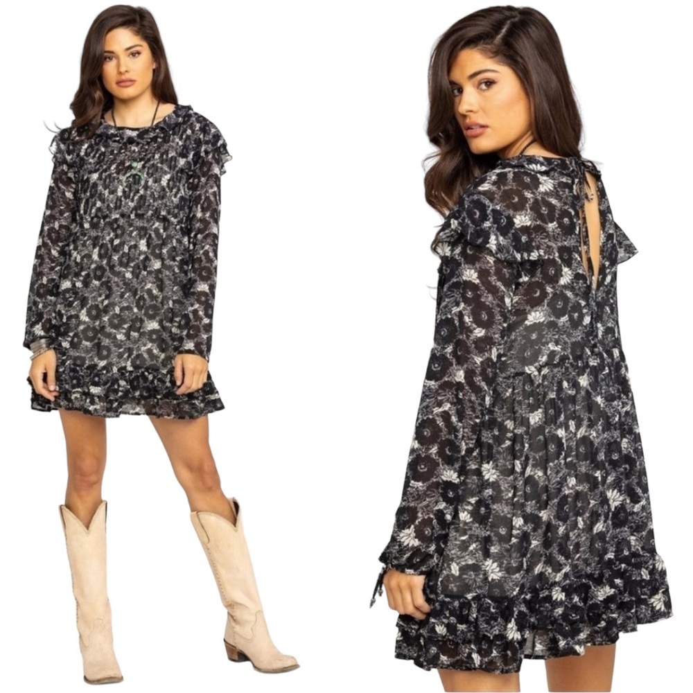 Free People Women XS These‎ Dreams Floral Long Sleeve Ruffle Mini Dress Boho - Picture 2 of 11